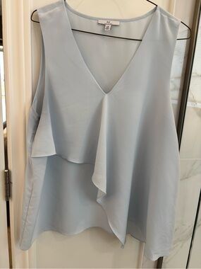 Light Blue V-Neck Sleeveless Ruffled Top Halston